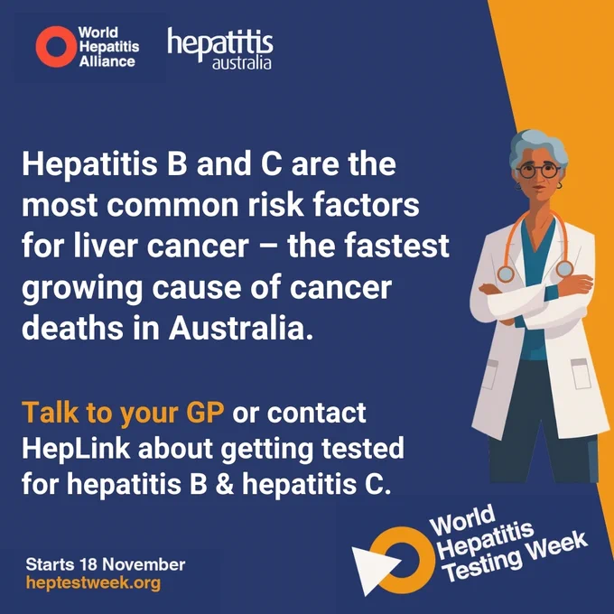 Image: an illustrated doctor. Text says hepatitis B and C are the most common risk factors for liver cancer - the fastest growing cause of cancer deaths in Australia. Talk to your GP or contact Helink about getting tested for hepatitis B and hepatitis C. 
