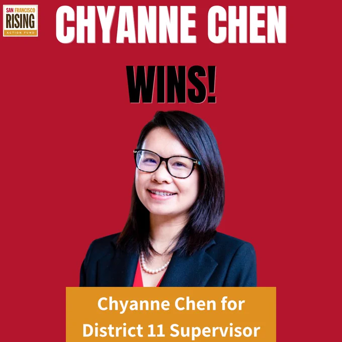 Photo 4 - Red background with a cutout image of Chaynne Chen. At the top, the text "Chaynne Chen Wins!" At the bottom, the text "Chaynne Chen for District 11 Supervisor" on top of an orange box.