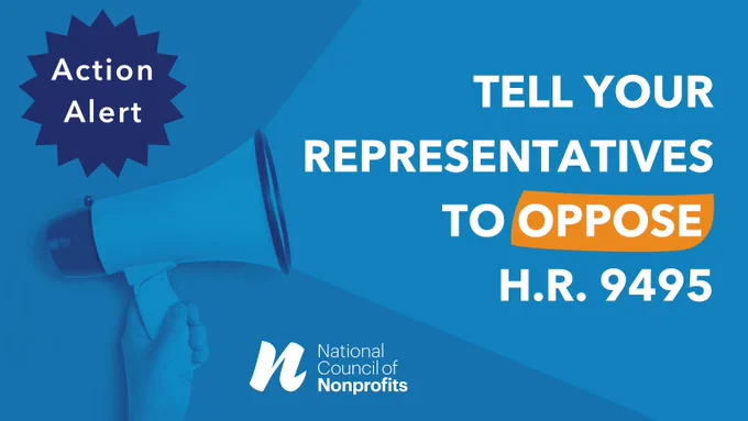 Graphic of a megaphone with the text, "Action alert, tell your representatives to oppose H.R. 9495."
