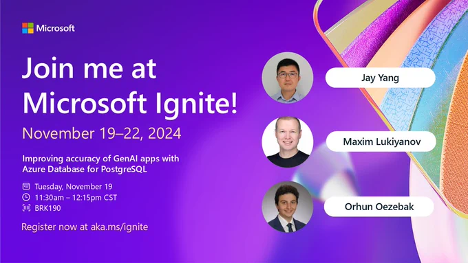 Bio pics of presenters Jay Yang, Maxim Lukiyanov, & Orhun Oezebak for an Azure Database for PostgreSQL session at Microsoft Ignite 2024