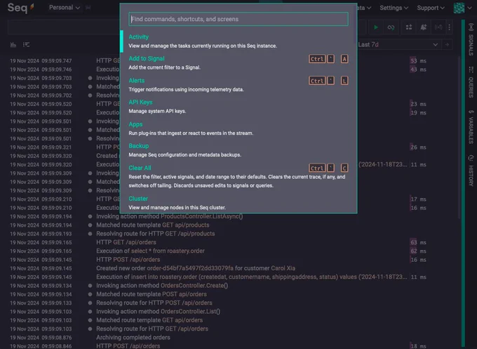 The Seq user interface, open on the Events screen, showing command palette overlay dialog. The dialog comprises a search box and a list of matching commands. The commands, for example "Add to Signal", are displayed with a short description of their action, and a keyboard shortcut sequence to activate them.