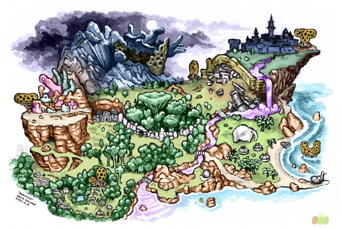 A colorful map depicts forests, cliffs, mountains drizzled with stairways, unnatural formations reaching under moonlight, a portly elephant, a toxic flow from a shadowy spire-topped complex on a promontory over waters that lap on a tropical shore…