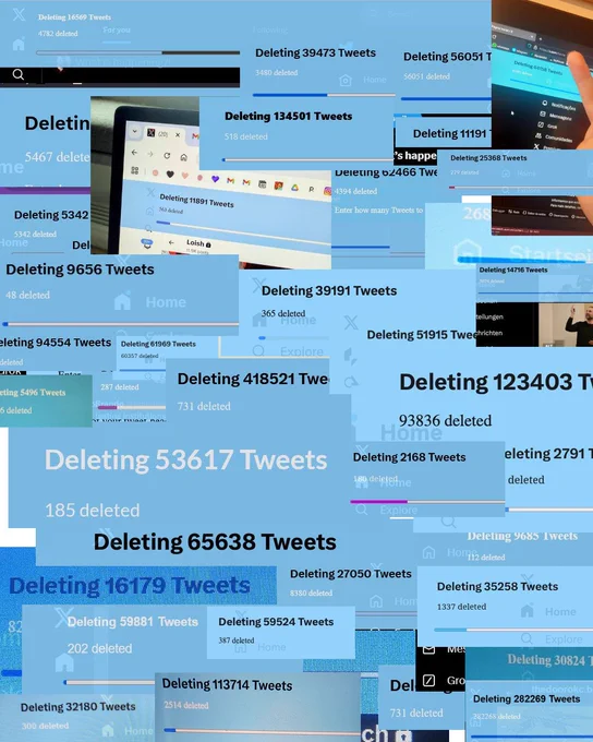 About forty photos put together on one canvas. All of them showing people using tweetxer. Some photos of screens, one with a hand showing the middle finger to the screen. The screenshots show that people delete from a few hundred to several hundred thousands of Tweets at once.