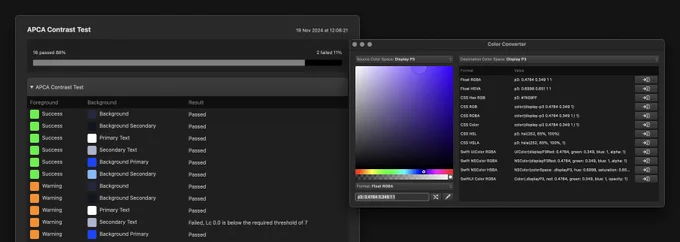 A screenshot of Pinwheel's APCA test results. It show 16 tests passed and 2 tests failed.