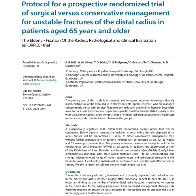 Bone & Joint Open. Abstract extract for article titled 'Protocol for a prospective randomized trial of surgical versus conservative management for unstable fractures of the distal radius in patients aged 65 years and older'.
