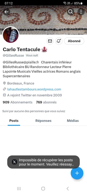Capture d'écran du compte Twitter de GillesRusse alias Carlo Tentacule, vide car il a désactivé son compte.