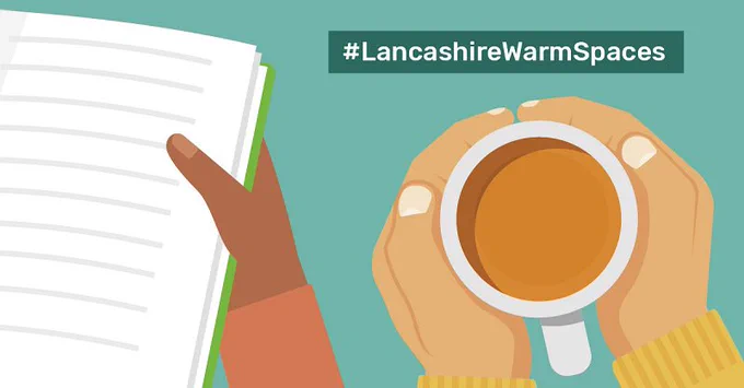 A hand holding a book, hands around a cup of tea. #LancashireWarmSpaces