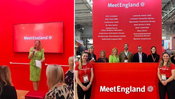Two images from left to right: Image of Victoria Borwick opening the MeetEngland Stand to England Destination Partners in the audience and an image of VisitEngland Chair Victoria Borwick with the MeetEngland team on the MeetEngland Stand at IBTM World 2024. 