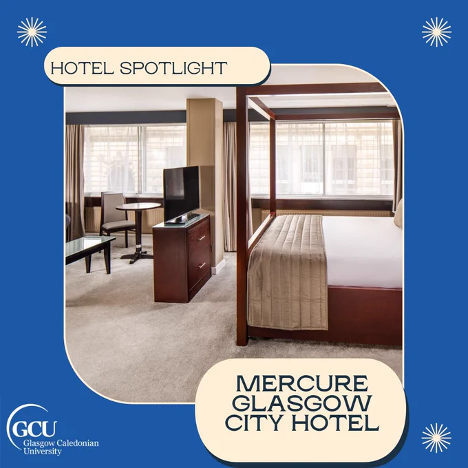 Hotel Spotlight: Mercure Glasgow City Hotel. Image of a hotel room with four poster bed, TV and coffee table.