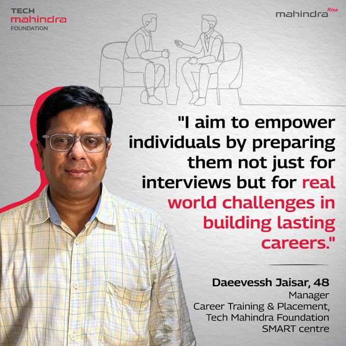 An image of a smiling Man with the text "I aim to empower individuals by preparing them not just for interviews but for real world challenges in building lasting careers"