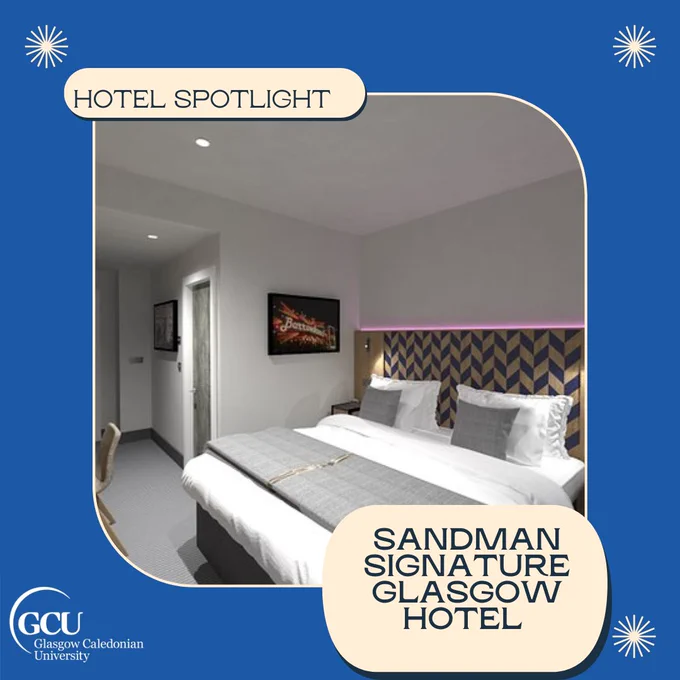Hotel Spotlight: Sandman Signature Glasgow Hotel. Image of a hotel room with double bed and patterned headboard.