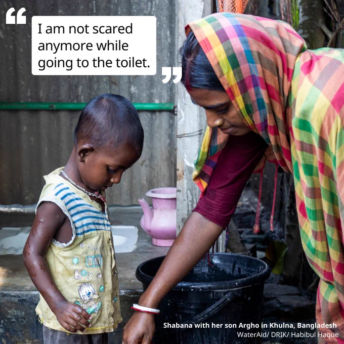 Shabana the same woman from before wearing a checked saree, washes her sons feet with water from a jug. Text reads: I am not scared anymore while going to the toilet.