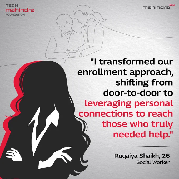 An image of vector girl and the text says "I transformed our enrollment approach, shifting from door to door to leveraging personal connections to reach those who truly needed help"