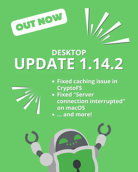 A green promotional graphic for Cryptomator Desktop Update 1.14.2. The text highlights key fixes, including a caching issue in Cryptofs, a "Server connection interrupted" bug on macOS, and a QuickAccess bug on Linux. The top of the image features a label reading "Out Now," and at the bottom, a happy robot mascot is raising its arms in celebration.