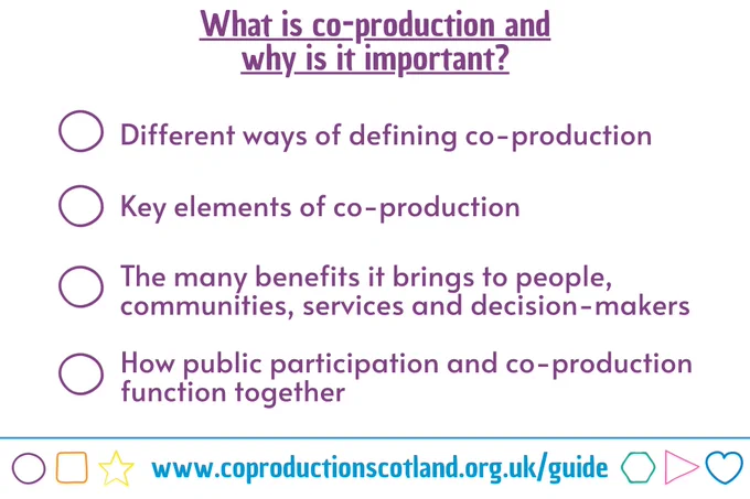 Purple text on a white background with the title What is co-production and why is it important? 4 bullet points: Different ways of defining co-production, Key elements of co-production, The many benefits it brings to people, communities, services and decision-makers, How public participation and co-production function together. A URL to the Co-production Guide in a banner at the foot of the graphic: www.coproductionscotland.org.uk/guide