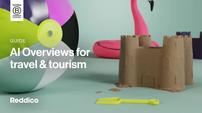 Image of a beach ball, sandcastle, child's spade and pool float, with the headline: AI Overviews for travel & tourism