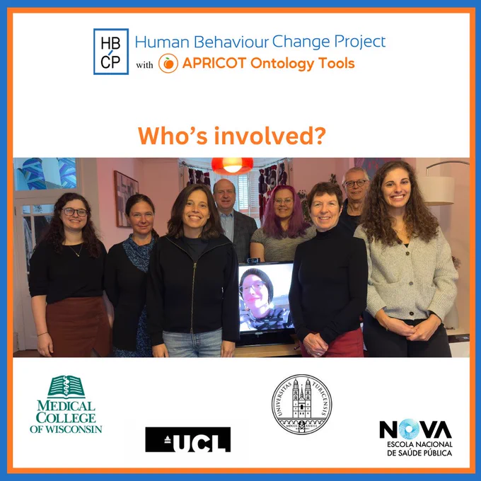 A photo titled "Who's involved" with 9 researchers (from left to right: Paulina Schenk, Janna Hastings, Marta Marques, Bill Hogan, Colbie Reed, Maya Braun, Susan Michie, Robert West, Carolina Silva) posing. It also contains the logos of the involved insitutions: The Medical College of Wisconsin, University College London, University of Zürich and NOVA University in Lisbon