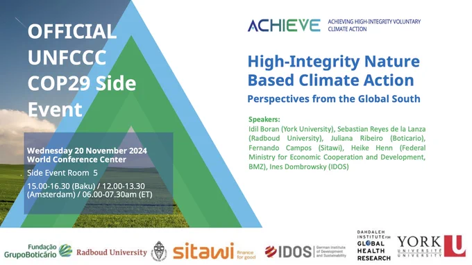 Experts from diverse fields will share valuable insights on connecting climate resilience, ecosystem protection, and community well-being. Drawing from examples in Latin America and global partnerships—including North-South and South-South collaborations—we’ll explore innovative approaches to create impactful, inclusive, and scalable solutions.
Don't miss this opportunity to be part of the conversation shaping a sustainable future!
Let’s inspire transformative change for people and the planet!
🗓️ Wednesday, 20 November 2024
🕞 15:00-16:30
➡️ Side Event Room 5

Speakers: Idil Boran, Sebastian Reyes de la Lanza, Juliana Baladelli Ribeiro, Fernando Campos, Dr. Heike Henn, Ines Katrin Dombrowsky

Affiliated projects: #BioCAM4, #ACHIEVE
