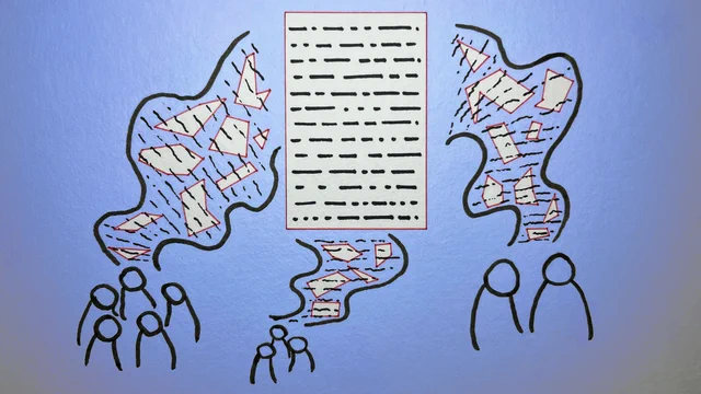 Three groups of icons representing people have shapes travelling between them and a page in the middle of the image. The page is a simple rectangle with straight lines representing data. The shapes traveling towards the page are irregular and in squiggly bands.

Yasmine Boudiaf & LOTI / Better Images of AI / Data Processing / CC-BY 4.0