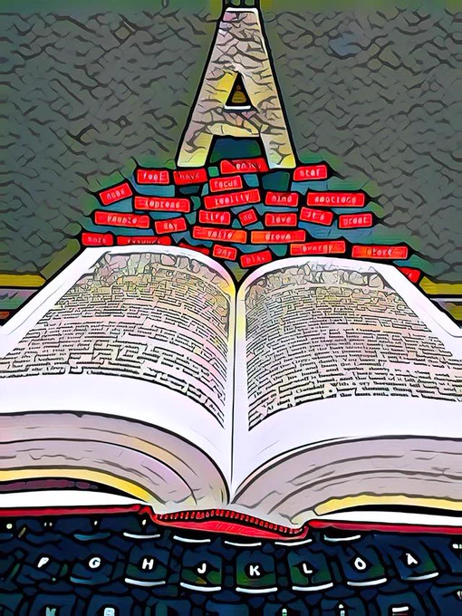 A black keyboard at the bottom of the picture has an open book on it, with red words in labels floating on top, with a letter A balanced on top of them. The perspective makes the composition form a kind of triangle from the keyboard to the capital A. The AI filter makes it look like a messy, with a kind of cartoon style.

Teresa Berndtsson / Better Images of AI / Letter Word Text Taxonomy / CC-BY 4.0