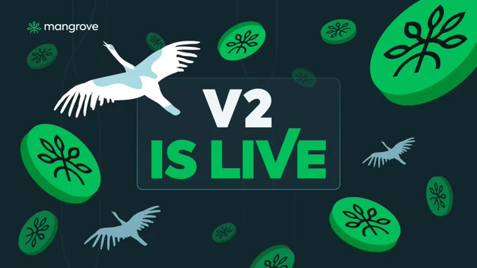 Graphic announcing Mangrove V2 launch. Features green Mangrove tokens with the Mangrove logo, white cranes flying, and bold text in the center: 'V2 IS LIVE' on a dark background with a sleek, modern design.
