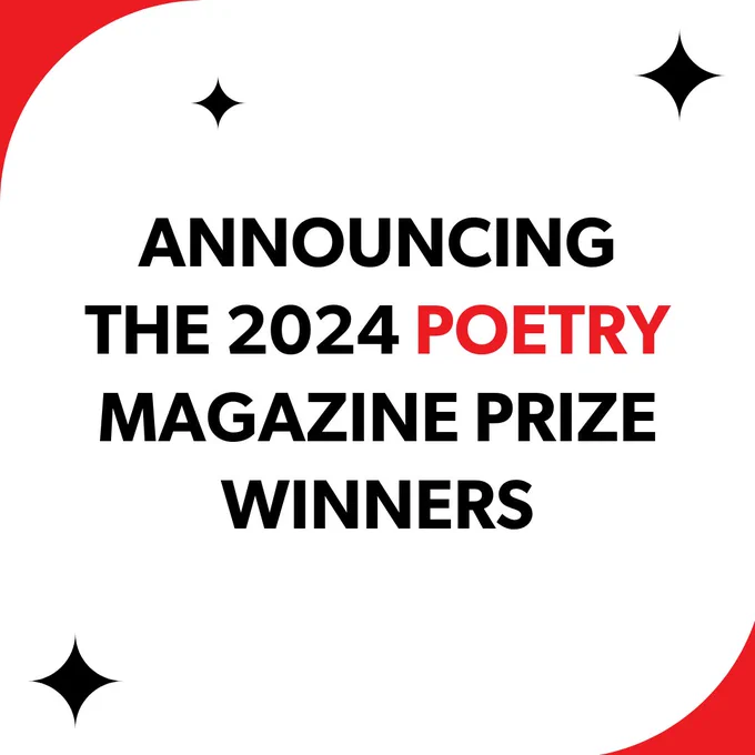 Announcement graphic for the 2024 Poetry Magazine Prize Winners, featuring bold text and decorative stars on a red and white background.