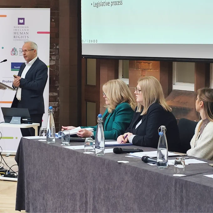 A photo of the EU developments in equality and human rights research report authors Professor Rory O’Connell, Dr Sarah Craig and Dr Claire Lougarre during a launch event in Riddel Hall, Belfast, with Geraldine McGahey, Chief Commissioner of the Equality Commission