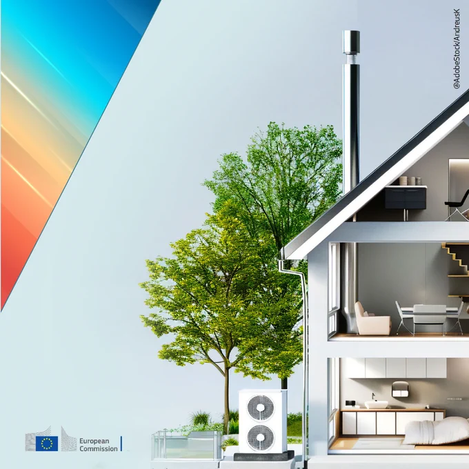 Visual identity of the Heatpump accelerator platform. Rainbow colours on upper left corner and a photo of a house with a heatpump on the outside, trees in the background, on the right. 