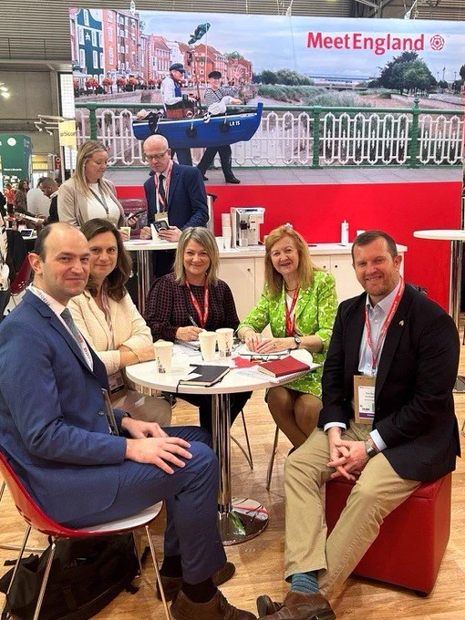 Image of  from left to right Ioannis Pallas and Liesbeth Switten from ESAE, Lyndsey Turner-Swift, Victoria Borwick and Paul Black having a meeting at the MeetEngland Stand.