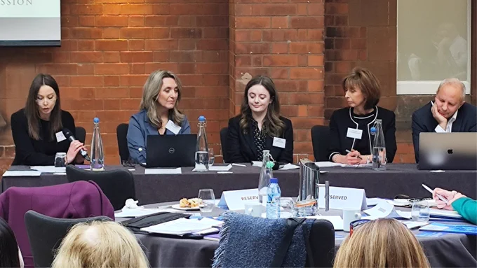 A photo of a panel discussion on the EU developments in equality and human rights research findings with Professor Rory O’Connell, Annmarie O’Kane, Border People, Una Boyd, Committee on the Administration of Justice, and Roisin Mallon, Director of the Dedicated Mechanism Unit, Equality Commission, chaired by Mairead Holder, Commissioner at the Northern Ireland Human Rights Commission.