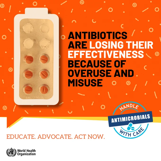 Text reads: Antibiotics are loosing their effectiveness because of overuse and misuse. next to an image of pills.