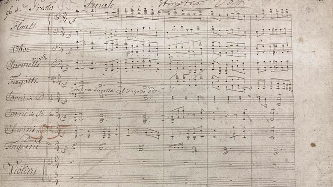 The opening of the 4th movement of Beethoven’s Symphony no.9 in the RPS manuscript. 