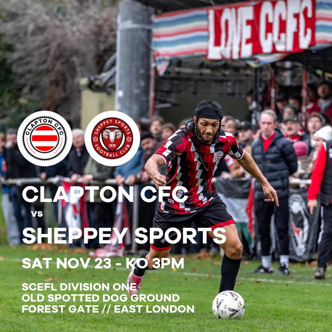 Clapton Community FC vs Sheppey Sports takes place on Saturday, November 23 2024 with a 3pm kick off at the Old Spotted Dog Ground, Forest Gate, East London.

