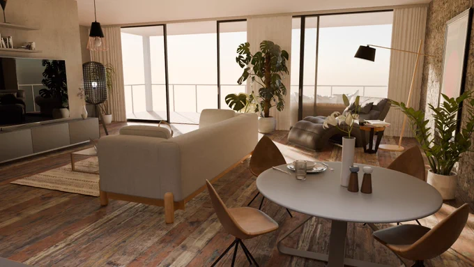 A 3d render of a apartment living room