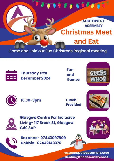 
The Assembly are hosting their December meeting at GCIL offices and have invited our members along to attend their social event, where you can meet other young people.

What is the Assembly?
The Assembly is a growing group of people with learning disabilities and autistic people across Scotland who want a greater say in issues affecting them locally and nationally.
Our goal is to build a Learning Disability Parliament where people can vote on important matters.
The Assembly supports members through accessible information, workshops, games, quizzes, and meetings with leaders and decision-makers.
We aim to include and support people with learning disabilities and autistic people across Scotland to have more say on what matters to them.

Event info: 

Place:  GCIL, 117 Brook St, Bridgeton, Glasgow G40 3AP
Date:    Thursday 11th December
Time:   10.30am - 3.00pm