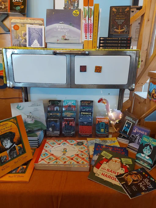  A display of seasonal books on an old cast-iron stove