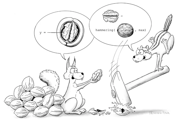 Cartoon of two squirrels breaking into a nut. One squirrel has a collection of walnuts and is ‘describing’ the nut within the nutshell, while holding up a nut from a nearby broken shell. The other squirrel presents an equation showing that they get the nut by hitting the nutshell with a hammer, while hitting and breaking one of the nutshells with a hammer. The cartoon was drawn by Henning Falk.