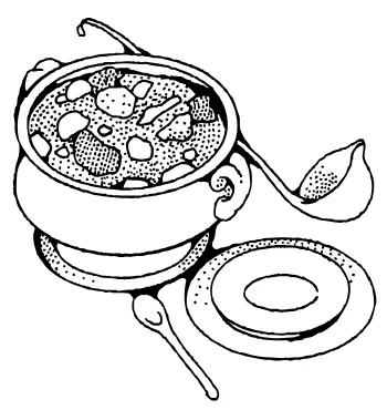 A sketch of a pot of soup and a ladle. 