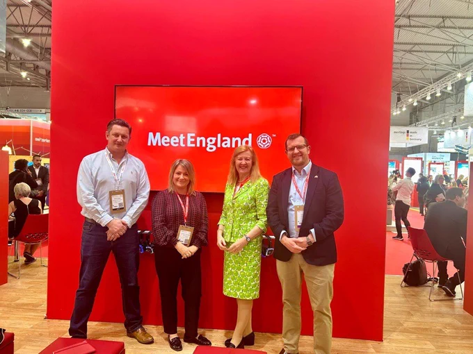 Image of (from left to right) Martin Fullard from Business of Events, VisitEngland Deputy Director Lyndsey Turner-Swift, VisitEngland Chairman Victoria Borwick and Head of Business Events Paul Black at the MeetEngland Stand at IBTM World 2024.