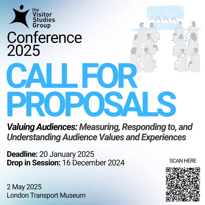 VSG Conference 2025 graphic for Call for Proposals. Valuing Audiences: Measuring, Responding to, and Understanding Audience Values and Experiences'. Deadline 20 January, Drop in session 16 December

2 May 2025, London Transport Museum