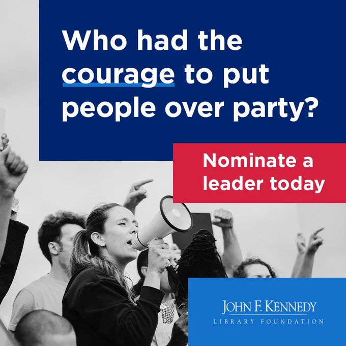 In the background; imagery of protesters; in the foreground, copy reads: Who had the courage to put people over party? Nominate a leader today.