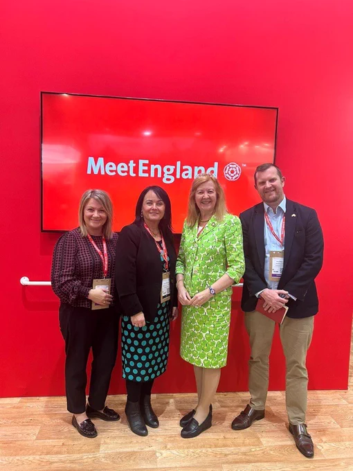 Image of (from left to right) VisitEngland Deputy Director Lyndsey Turner-Swift, Meetings Industry Alliance CEO Kerrin MacPhie, VisitEngland Chairman Victoria Borwick and VisitBritain Head of Business Events Paul Black at the MeetEngland Stand at IBTM World 2024.