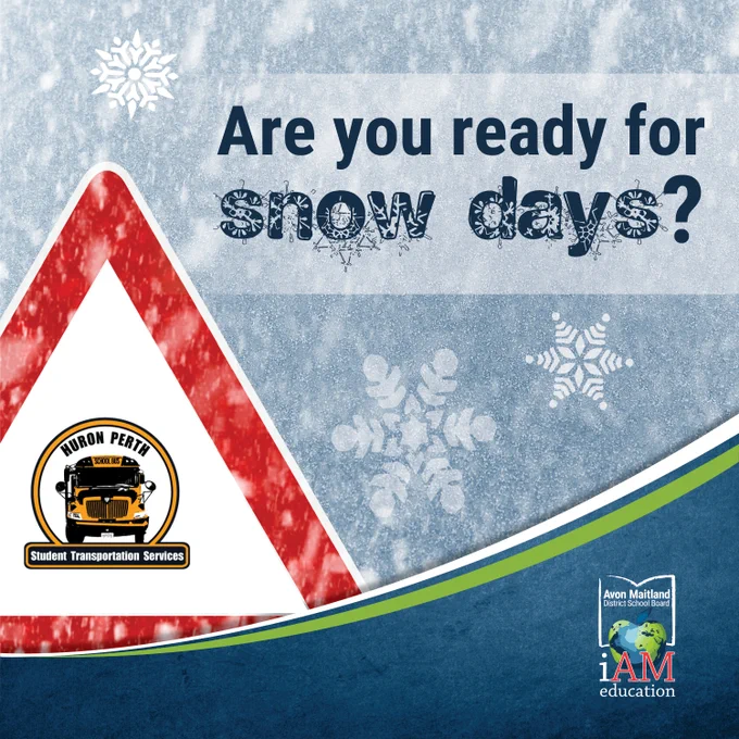 Navy sidebar with AMDSB logo. Illustration of snowflakes on a grey background. Caution road sign with HPSTS logo. Text: Are you ready for snow days?