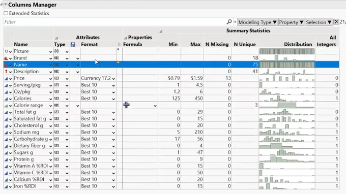 Invoke JMP Colums Manager to view and edit 1  column characteristics at one time.