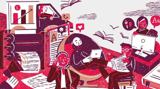 Illustration of people working including someone on phone, someone driving a van and two people looking at a monitor. 