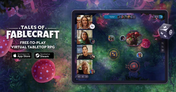 Tales of Fablecraft: a free-to-play virtual tabletop RPG is available on Steam for PC and Mac as well as the iPad App Store.