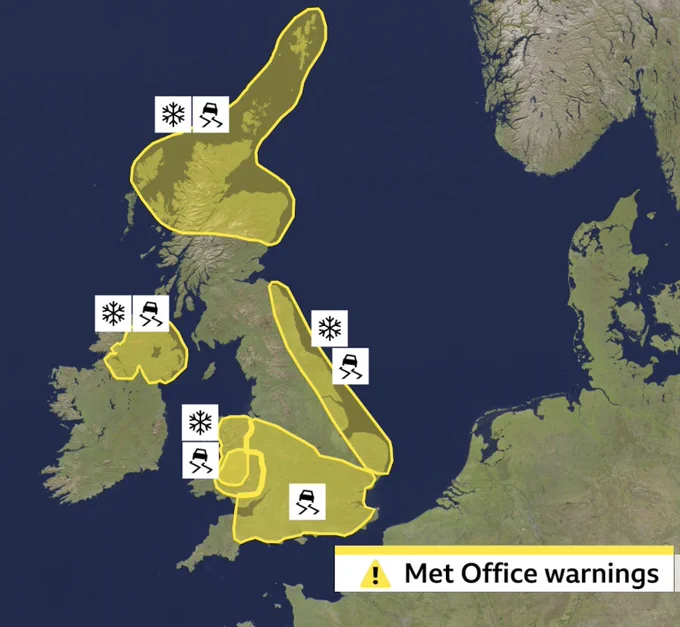 A BBC Weather map of the UK showing yellow areas depicting the snow and ice warnings across much of the country.
