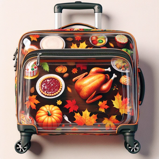 A travel bag that depicts Thanksgiving dinner and all the fixings. 