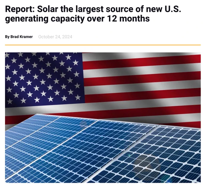 A screenshot of an article hero titled, Report: Solar the largest source of new U.S. generating capacity over 12 months, by Brad Kramer, October 24, 2024. The image shows an American flag background set behind a tilted set of solar panels.