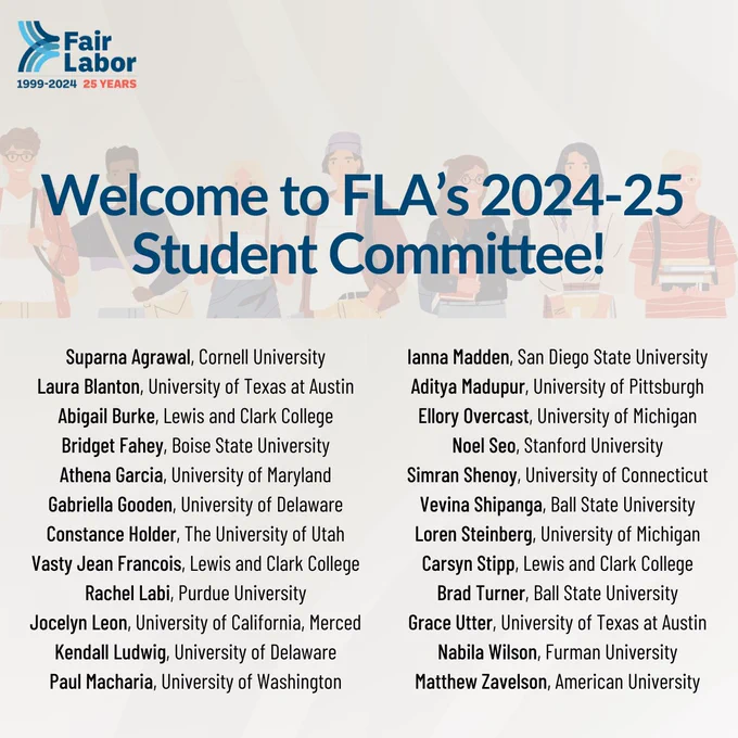 Graphic with grey background that reads "Welcome to FLA's 2024-2025 Student Committee" and lists all 24 students' names and universities